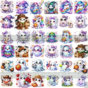 May include: A digital collage of 25 cute ghost illustrations. Each ghost is wearing a different costume or holding a different object, such as a book, a pumpkin, a basketball, or a guitar. The ghosts are all smiling and have big eyes. The background is white.