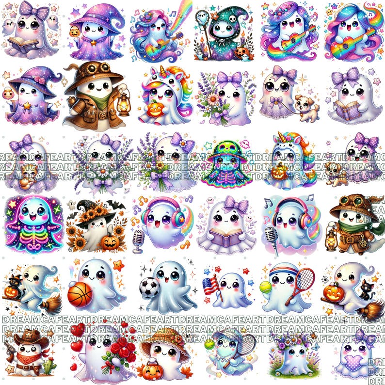 May include: A digital collage of 25 cute ghost illustrations. Each ghost is wearing a different costume or holding a different object, such as a book, a pumpkin, a basketball, or a guitar. The ghosts are all smiling and have big eyes. The background is white.