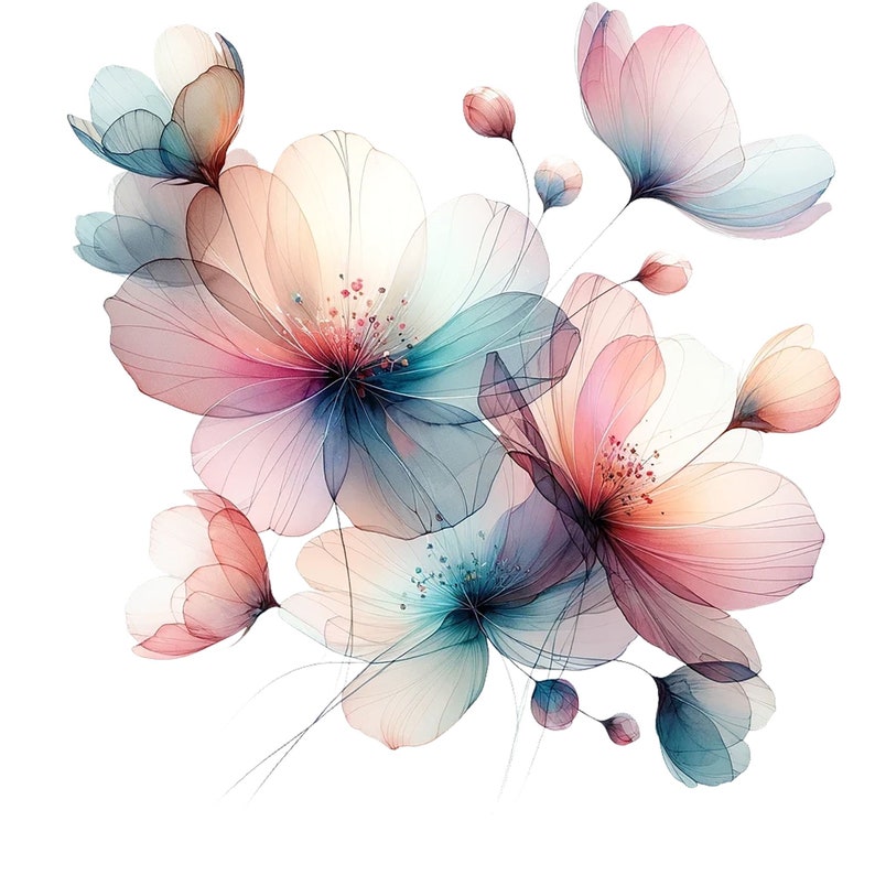 May include: A watercolor painting of delicate, translucent flowers in shades of pink, blue, and white. The flowers are arranged in a loose bouquet, with some petals overlapping.