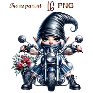 May include: A cartoon gnome with white hair and a black leather hat is riding a blue motorcycle. The gnome is wearing a blue bandana and has tattoos on their arms. There are red and white flowers in a bucket behind the motorcycle.