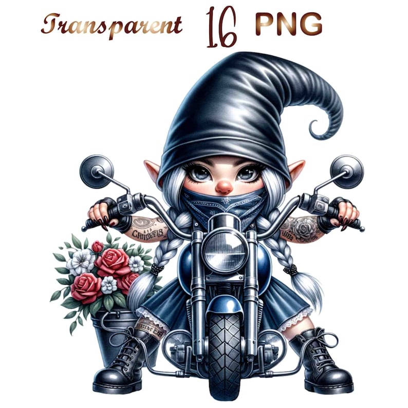 May include: A cartoon gnome with white hair and a black leather hat is riding a blue motorcycle. The gnome is wearing a blue bandana and has tattoos on their arms. There are red and white flowers in a bucket behind the motorcycle.