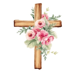 17 Pastel Boho Floral cross Clipart JPGs, Paper crafts, wooden cross,Religious easter clipart, Baptism First communion, Baptism invitations