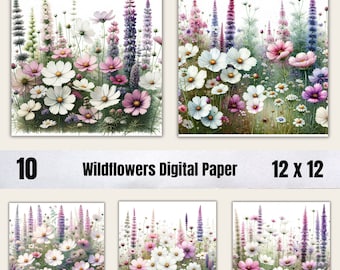 10 Watercolor Wildflowers Digital Paper Set, Spring Flowers Junk Journal Paper, Printable Spring Meadow, Digital Scrapbooking