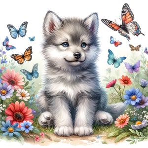 Puede incluir: Un lindo cachorro de lobo gris y blanco sentado en un campo de flores coloridas y mariposas. El cachorro tiene ojos azules y una expresi&oacute;n dulce.