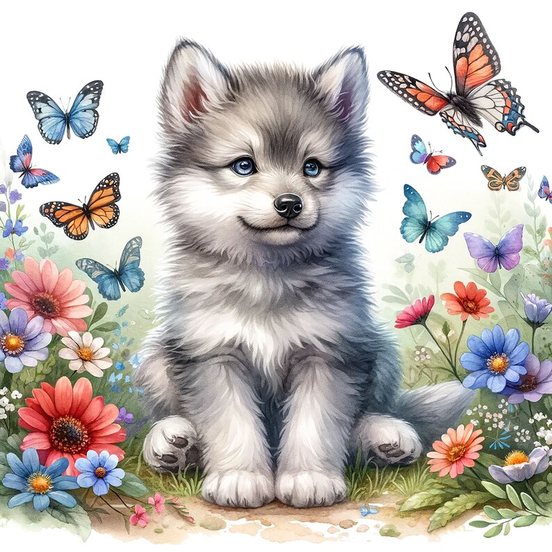 Puede incluir: Un lindo cachorro de lobo gris y blanco sentado en un campo de flores coloridas y mariposas. El cachorro tiene ojos azules y una expresi&oacute;n dulce.