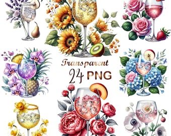 24 PNG, Tropical Drink Clipart bundle, Floral alcoholic Cocktail, Summer Cocktail Clipart bundle,Hello Summer Drink clipart