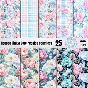May include: A digital paper pack with 8 seamless patterns featuring pink and blue peonies on a light blue background. The patterns are perfect for scrapbooking, card making, and other crafting projects. "Rococo Pink & Blue Peonies Seamless" and "25" are written in white text on a black background. "300 DPI" is written in white text on a black background.