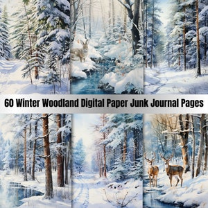 May include: 60 digital paper pages featuring winter woodland scenes. The images include snowy trees, a stream, a rabbit, and deer in a forest setting.