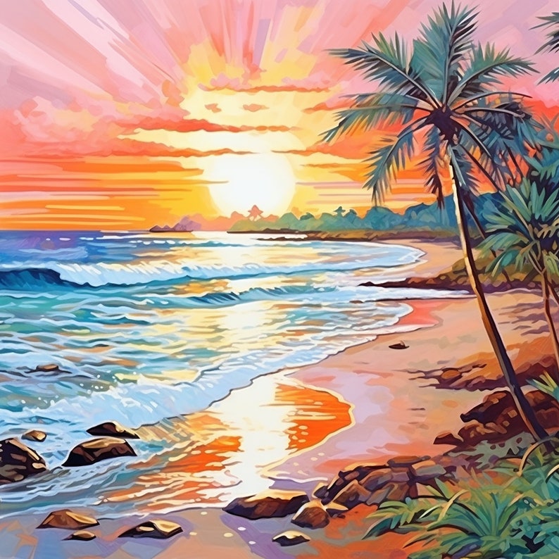 May include: A painting of a tropical beach scene with palm trees, a bright orange sunset, and blue ocean waves crashing on the shore.