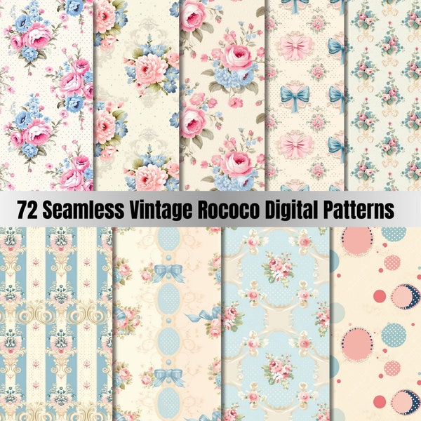72 Seamless Vintage Rococo Digital Paper, Vintage Rococo Seamless Pattern, Bohemian Collage Paper Pack, Rococo Scrapbooking Junk Journal Kit