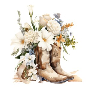Puede incluir: Una pintura de acuarela de un ramo de flores blancas con un par de botas de vaquero marrones. Las flores est&aacute;n dispuestas en un estilo suelto y natural e incluyen lirios, margaritas y otras flores silvestres. Las botas est&aacute;n gastadas y tienen un aspecto r&uacute;stico.