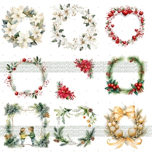 May include: A collection of watercolour illustrations featuring Christmas wreaths and floral arrangements. The image includes wreaths with white poinsettias, red berries, and green foliage. A heart-shaped wreath with red hearts is also present. Ideal for festive decorations.