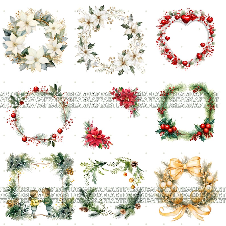 May include: A collection of watercolour illustrations featuring Christmas wreaths and floral arrangements. The image includes wreaths with white poinsettias, red berries, and green foliage. A heart-shaped wreath with red hearts is also present. Ideal for festive decorations.