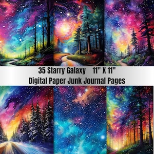 35 Printable Starry Galaxy Digital Paper,Starry Night Sky Background,Cosmic Space Landscape Backdrop,Magical Forest Junk Journal Paper