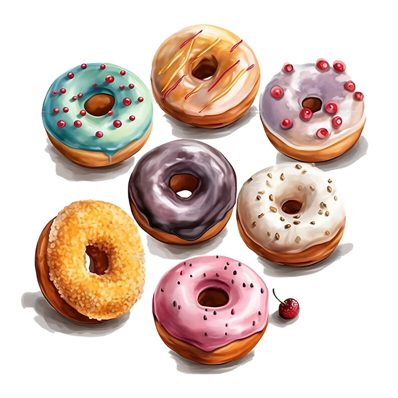 May include: A collection of eight assorted doughnuts with various toppings, including sprinkles, chocolate, and glaze. The doughnuts are arranged in a circle on a white background.