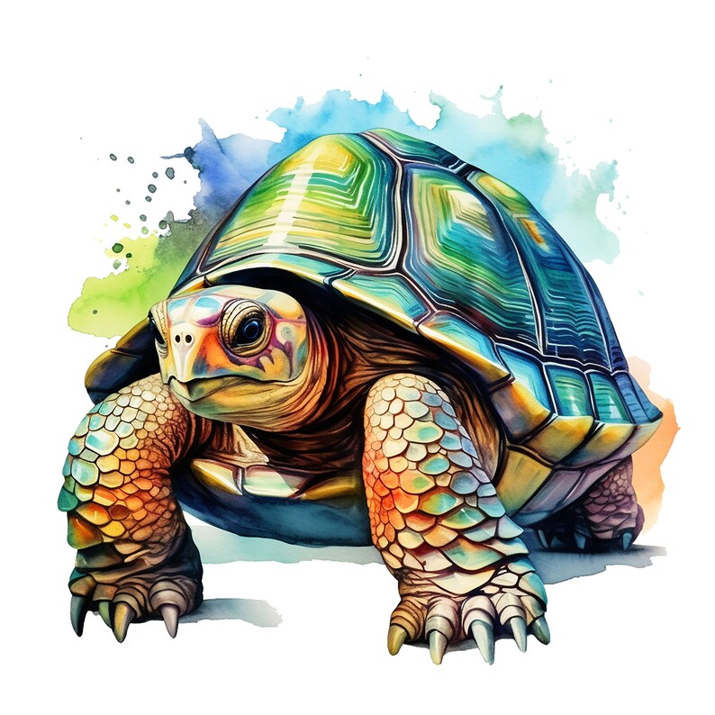 May include: A colorful watercolor painting of a turtle with a green, blue, and yellow shell. The turtle is walking forward with its head and legs visible.