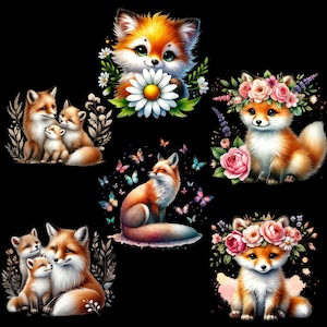 Puede incluir: Cinco ilustraciones de zorros con detalles florales. Los zorros est&aacute;n representados en un estilo de dibujos animados con ojos grandes y colas esponjosas. Las flores son en tonos de rosa, morado y blanco.