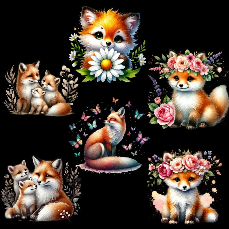 Puede incluir: Cinco ilustraciones de zorros con detalles florales. Los zorros est&aacute;n representados en un estilo de dibujos animados con ojos grandes y colas esponjosas. Las flores son en tonos de rosa, morado y blanco.