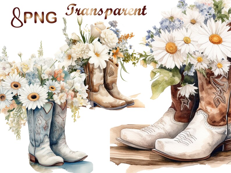Puede incluir: Tres pares de botas de vaquero con ca&ntilde;as de cuero blanco y partes superiores de cuero marr&oacute;n. Cada par est&aacute; decorado con un ramo de margaritas blancas y otras flores.