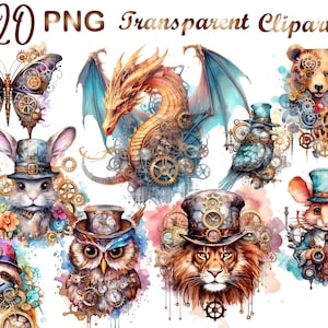 20 Steampunk clipart,steampunk animals,steampunk png,watercolor steampunk,victorian clipart,steampunk ephemera,Commercial,Digital Download