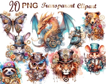 20 Steampunk clipart,steampunk animals,steampunk png,watercolor steampunk,victorian clipart,steampunk ephemera,Commercial,Digital Download