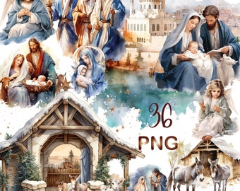 Watercolor Nativity Scene Clipart Bundle: Christmas PNG Graphics (Digital Download)