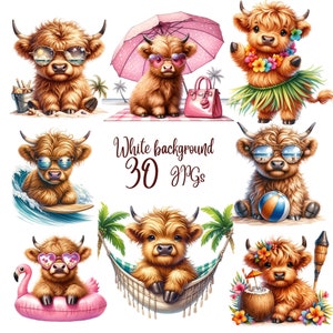 30 jpg, cute highland cow clipart bundle, Happy Highland Cow clipart, Summer Highland Cow Clipart, highland Cow Funny Baby Cow,DTF, UV DTF
