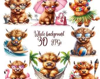 30 jpg, cute highland cow clipart bundle, Happy Highland Cow clipart, Summer Highland Cow Clipart, highland Cow Funny Baby Cow,DTF, UV DTF