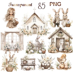 85 Rustic Easter clipart PNG,Easter Basket Clipart,Boho Easter clipart,Easter bunny clipart png,easter village clipart, Easter scene clipart