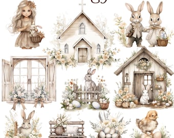 85 Rustic Easter clipart PNG,Easter Basket Clipart,Boho Easter clipart,Easter bunny clipart png,easter village clipart, Easter scene clipart