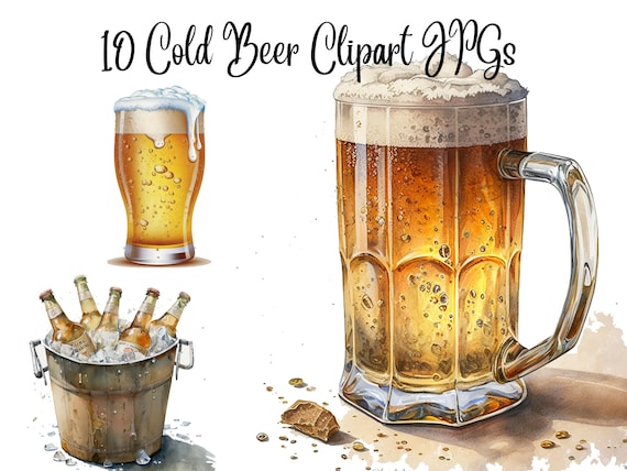 10 Cold Beer Clipart, Pint of Beer Watercolor Set, Summer Illustration, JPG Files, Commercial Use for Physical Products