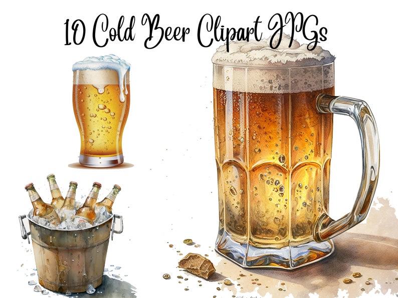 Pu&ograve; includere: Un set di 10 immagini clipart digitali di birra fredda in vari stili, tra cui un bicchiere di birra con schiuma, una boccale di birra con schiuma e un secchio di bottiglie di birra con ghiaccio. Le immagini sono in stile acquerello.