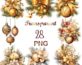 28 Gold Christmas Decoration png, Bauble  png, Watercolor Christmas Bauble png, Mixed Media,Digital Paper Craft,Sublimation,Commercial USe