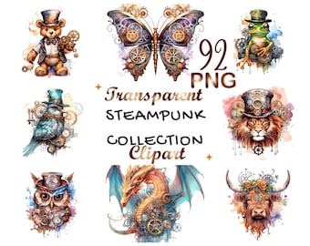 92 Steampunk Animals Clipart: Watercolor Victorian PNG (Digital Download)