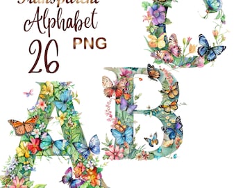 26 PNG, Watercolor Spring Floral Alphabet Collection Clipart, Alphabet Clipart,Baby Milestone Clipart,butterfly alphabet clipart