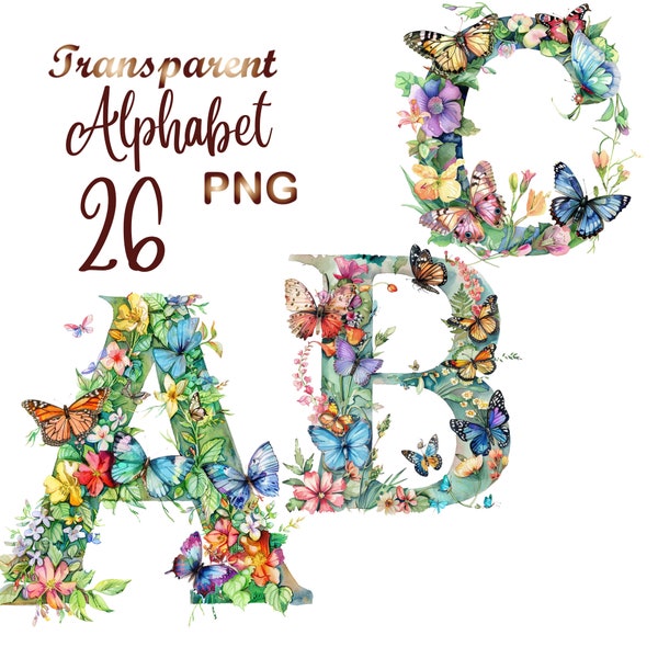 26 PNG, Watercolor Spring Floral Alphabet Collection Clipart, Alphabet Clipart,Baby Milestone Clipart,butterfly alphabet clipart