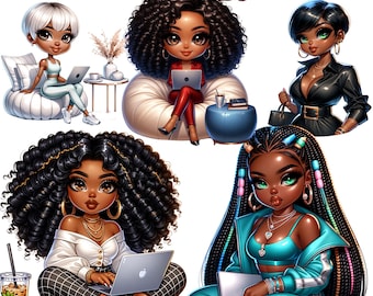 May include: Four digital illustrations of women with different hairstyles and outfits. Each woman is holding a laptop computer and has a different skin tone. The illustrations are in a cartoon style and have a bright, colorful aesthetic.