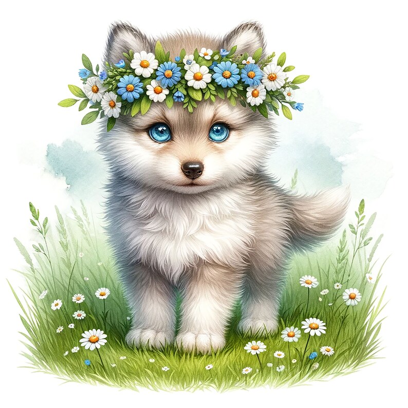 Puede incluir: Un lindo cachorro de lobo blanco y gris esponjoso con ojos azules que lleva una corona de flores blancas y azules. El cachorro est&aacute; de pie en un campo de hierba verde con flores blancas.