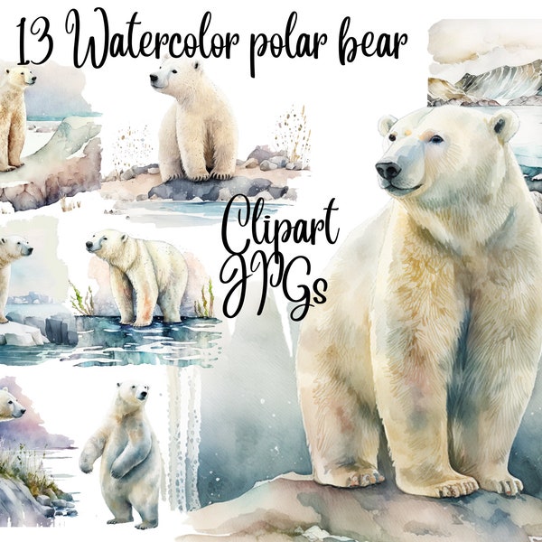 13 Watercolor polar bear clipart, JPGs, Commercial Use, Digital Download,Watercolor Clipart, Card Making, Clip Art, Digital Paper Craft