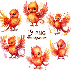 19 Bundle de cliparts bébé Phoenix, PNG de conte de fées fantastique, imprimable en téléchargement numérique, usage commercial complet, créations en papier, fabrication de cartes, scrapbooking