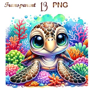 May include: A cartoon sea turtle with large, green eyes and a brown shell is surrounded by colorful coral reefs. The turtle has a light brown face and a small, pink nose.