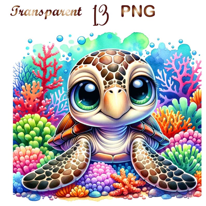 May include: A cartoon sea turtle with large, green eyes and a brown shell is surrounded by colorful coral reefs. The turtle has a light brown face and a small, pink nose.