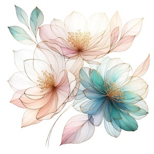 May include: A bouquet of delicate, translucent flowers in shades of pink, blue, and green. The flowers have a watercolor-like appearance and are outlined in gold.