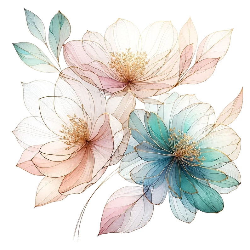May include: A bouquet of delicate, translucent flowers in shades of pink, blue, and green. The flowers have a watercolor-like appearance and are outlined in gold.