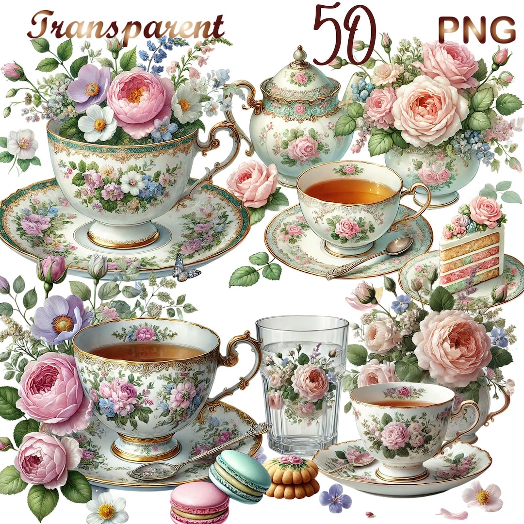 50 PNG Pastel Vintage Floral Tea Time Clipart Bundle, Spring Tea Party ...