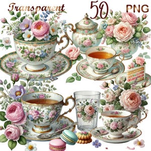 May include: A set of four teacups and saucers with floral designs. The teacups are white with gold trim and feature pink, blue, and green flowers. The saucers are white with gold trim and feature pink, blue, and green flowers. There is also a teapot, a glass, and a slice of cake in the image.