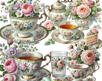 Può includere: Un set di quattro tazzine da tè e piattini con motivi floreali. Le tazzine da tè sono bianche con bordi dorati e presentano fiori rosa, blu e verdi. I piattini sono bianchi con bordi dorati e presentano fiori rosa, blu e verdi. Nell'immagine sono presenti anche una teiera, un bicchiere e una fetta di torta.