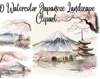 10 Japanese Landscape, Spring Clipart, JPGs, Commercial use, Digital Download,Watercolor Clipart,Card Making,Clip Art,Digital Paper Craft