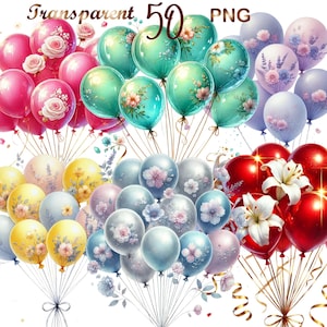 50 PNG set 4 Balloons Clipart bundle, Party clipart, Cute Children&#39;s Balloons Graphics Designs, Instant Digital Download, Commercial Use
