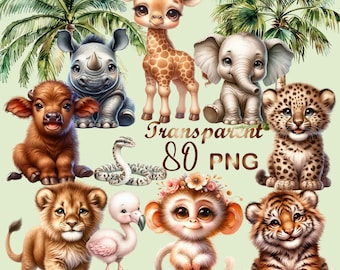 80 PNG,Safari Animals Clipart Watercolor,jungle safari ,baby safari animals PNG,safari clipart elephant zebra giraffe tiger lion,baby shower